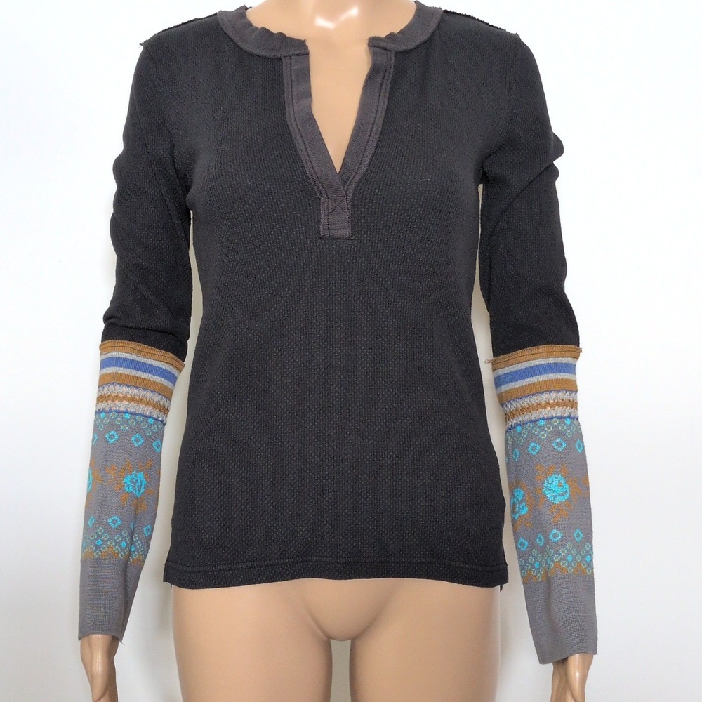 We The Free Free People Mikah Layering Cuff Thermal Top Black Waffle Knit Medium